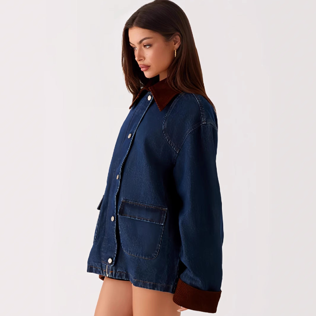 Denim jacket for women with hood and contrast sleeves Lune London