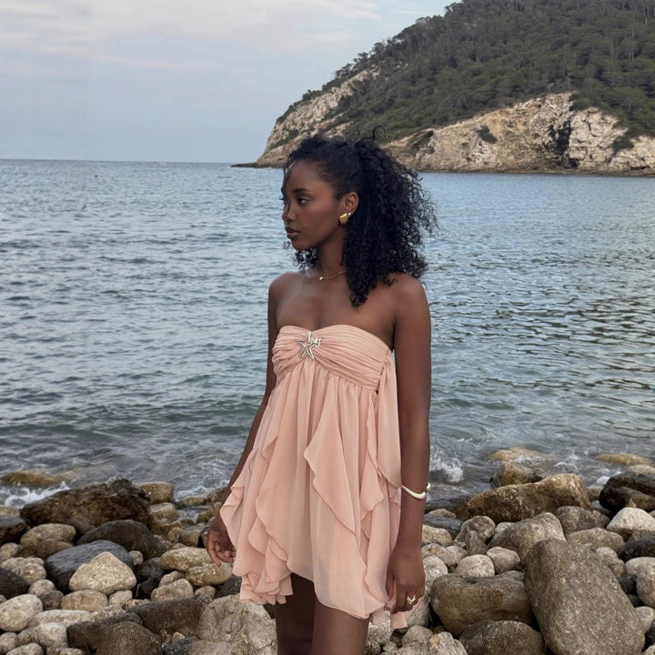 Evening dress for women with floating ruffle design and backless Lune London