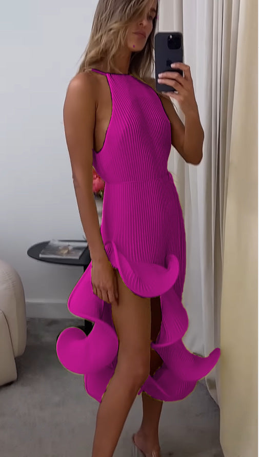 Women's maxi dress with asymmetrical ruffle and elegant pleated skirt Lune London