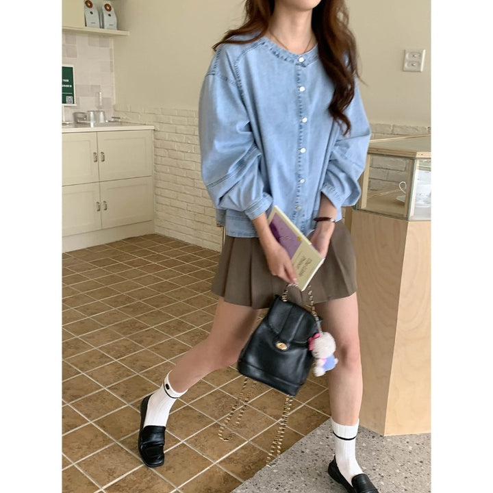 Women's fashionable denim blouse with puff sleeves Chic & Stil