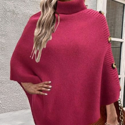 Ladies knitted poncho with high collar and button details Lune London