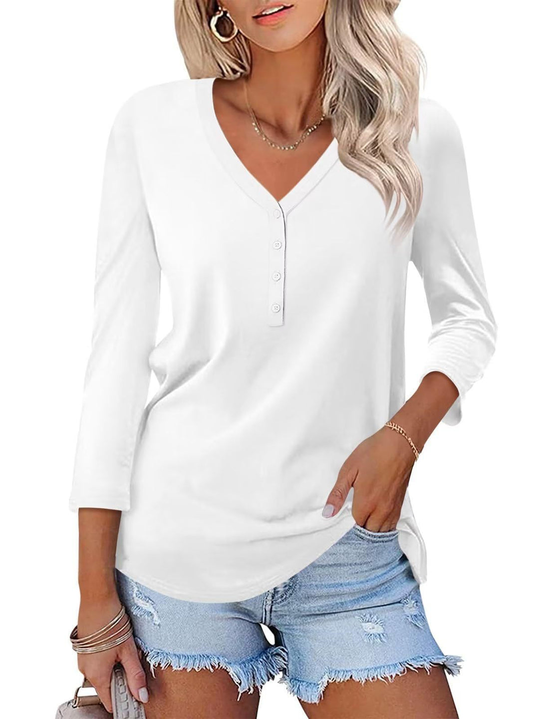 Women's Long Sleeve Shirt with Button Placket and V-Neck Chic & Stil