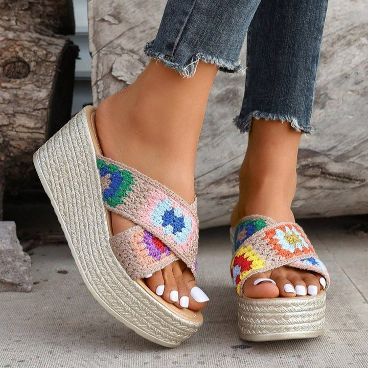 Comfortable wedge sandals for women with a colorful crochet design Lune London