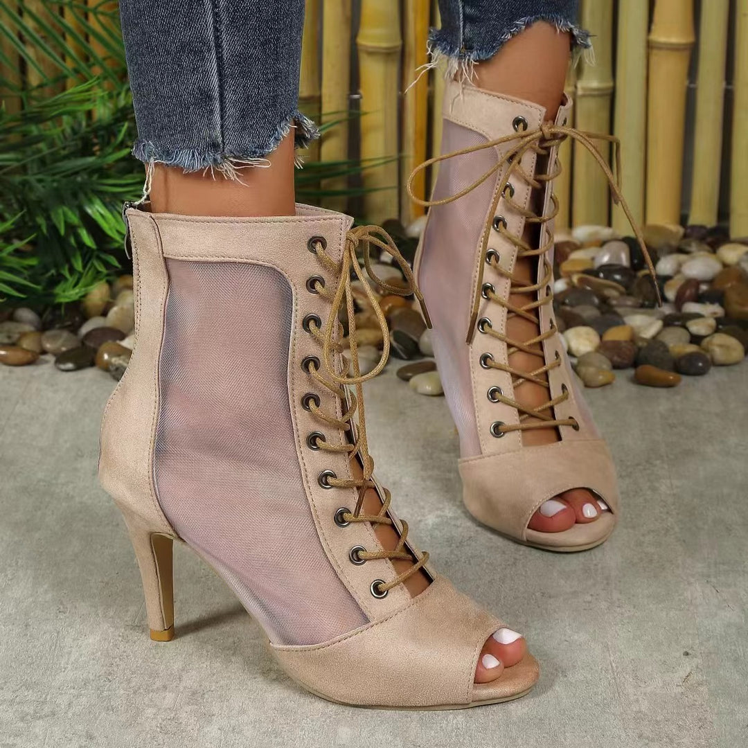 High-heeled semi-open boots for women with transparent side inserts and laces Lune London