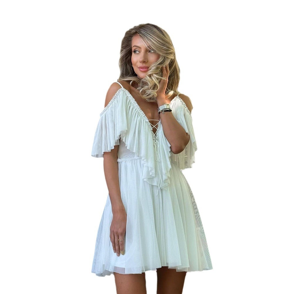Dress wrap for women with ruffle details and deep V-neck Lune London