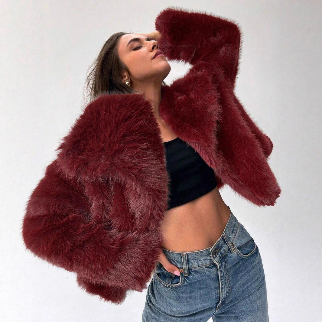 Women Cropped Faux Fur Jacket with Puffy Sleeves Lune London