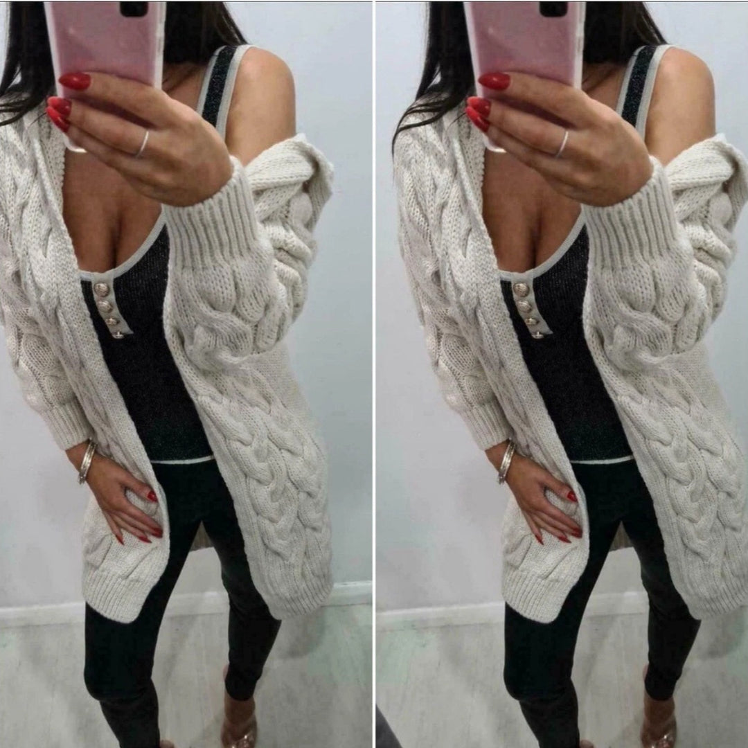 Ladies Long Knit Coat with Textured Braid Design and Practical Hood Chic and Style