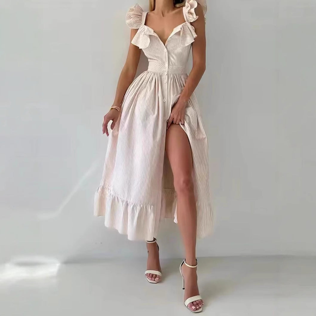 Maxi dress for women with voluminous ruffle design and button closure Lune London