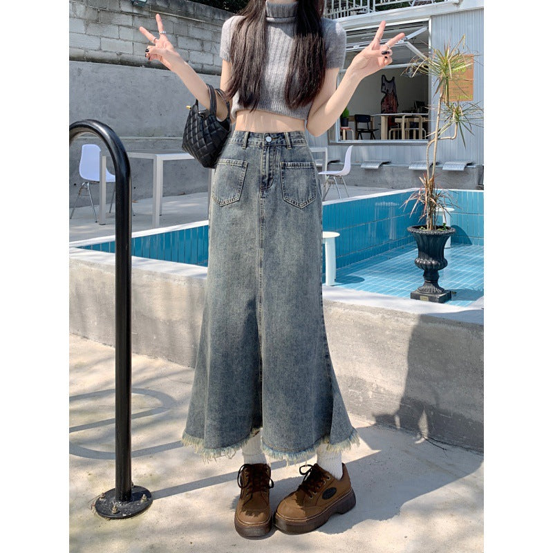 Jupe en denim longue pour femme avec ourlet effiloché Chic & Stil