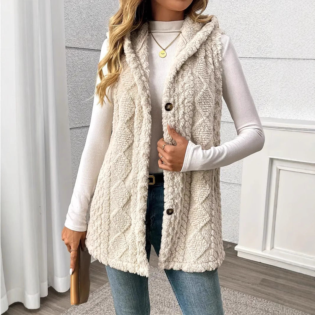 Fleece vest for women with hood and button closure Lune London