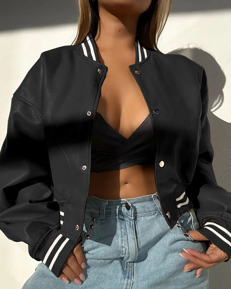 Ladies sporty leather jacket with striped collar Lune London