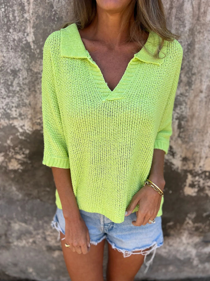 Lightweight knitted pullover for women with polo collar and V-neck Lune London