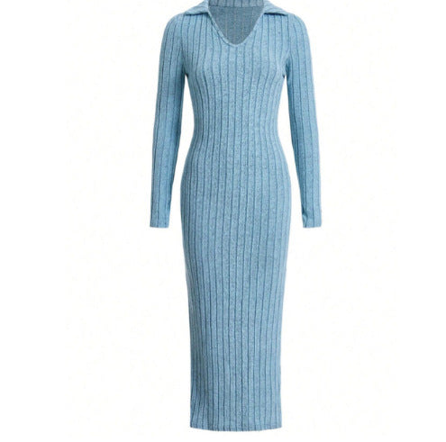 Ribbed long sleeve dress for women with slit and collar Lune London