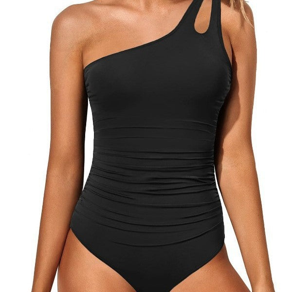 Women's one-piece swimsuit with asymmetrical neckline and fashionable mesh trim Lune London