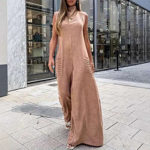 Lune London Women's Airy Maxi Jumpsuit with Decorative Pleats and Side Pockets