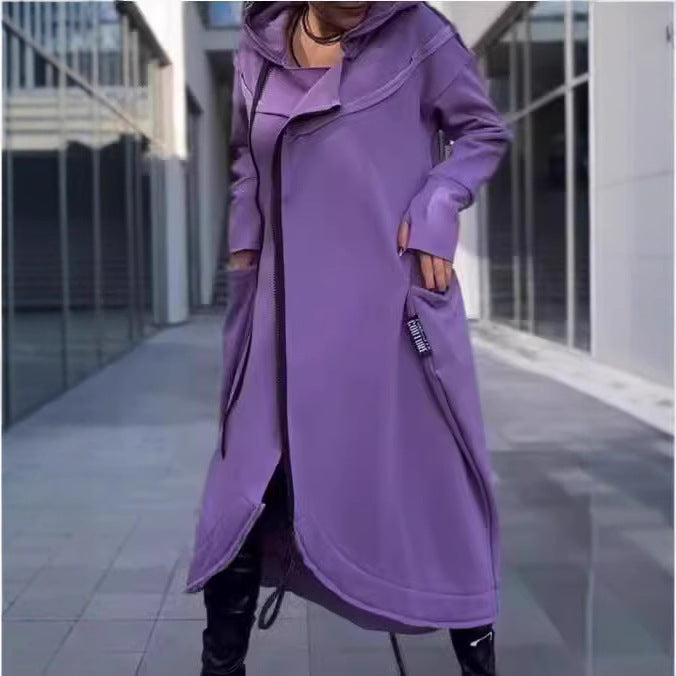 Modern women's hooded coat with side pockets and asymmetrical hem Lune London