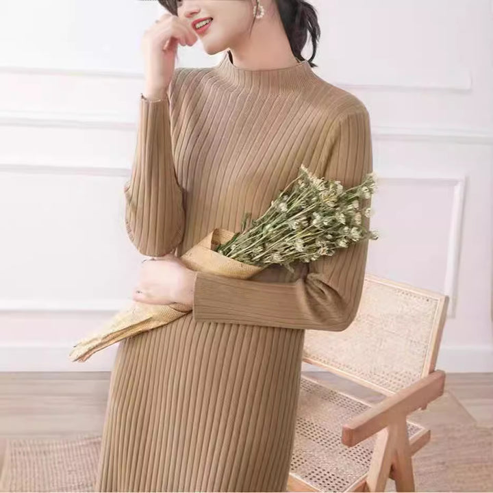Knit dress for women with a fine ribbed texture and a high collar Lune London