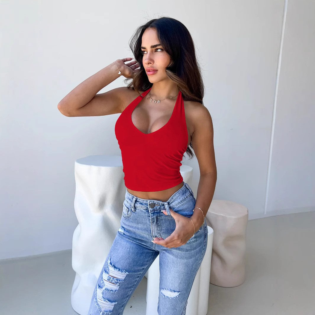 Women's crop top with deep V-neck and modern halter design Lune London