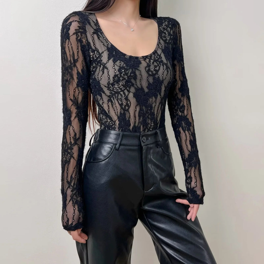 Women's crochet bodysuit with transparent lace pattern Lune London