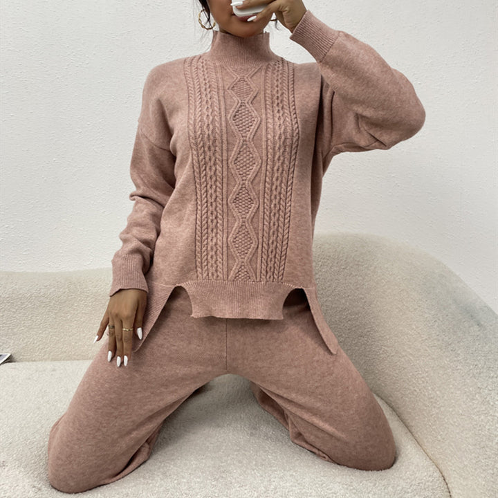 Elegant women's knit set with high collar and colorful pattern Lune London