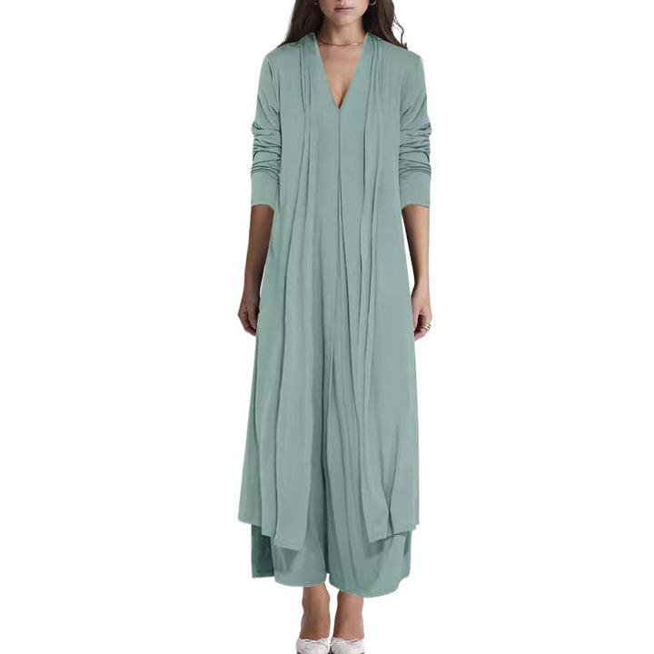Women Elegant Long Coat with Deep V-Neck and Fluid Cut Lune London