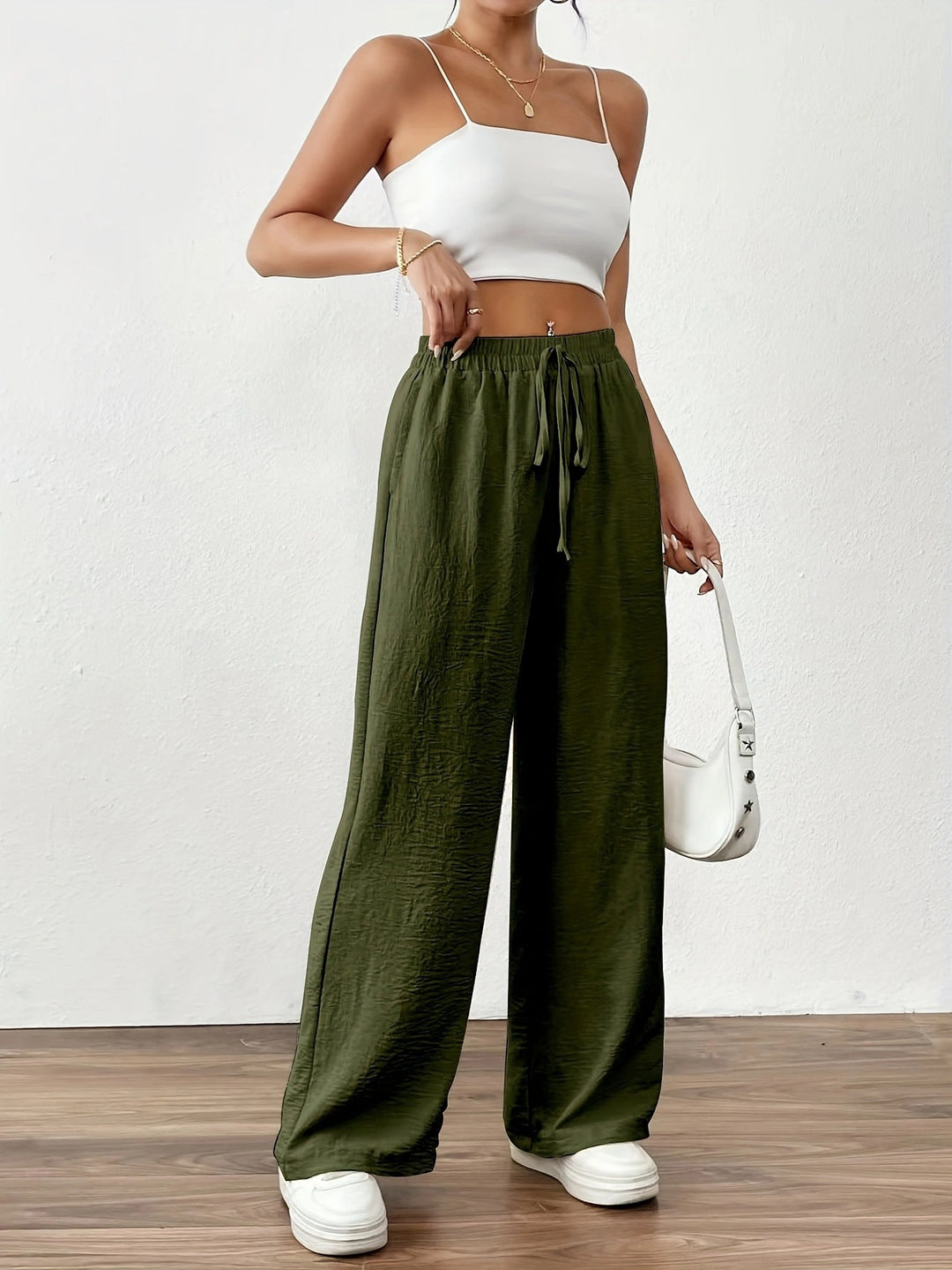 Wide Palazzo pants for women with elastic waistband and adjustable tie cord Lune London