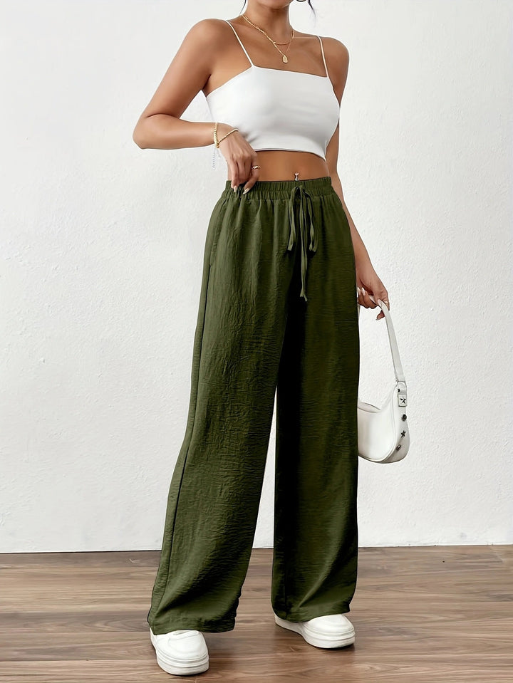 Wide Palazzo pants for women with elastic waistband and adjustable tie cord Lune London