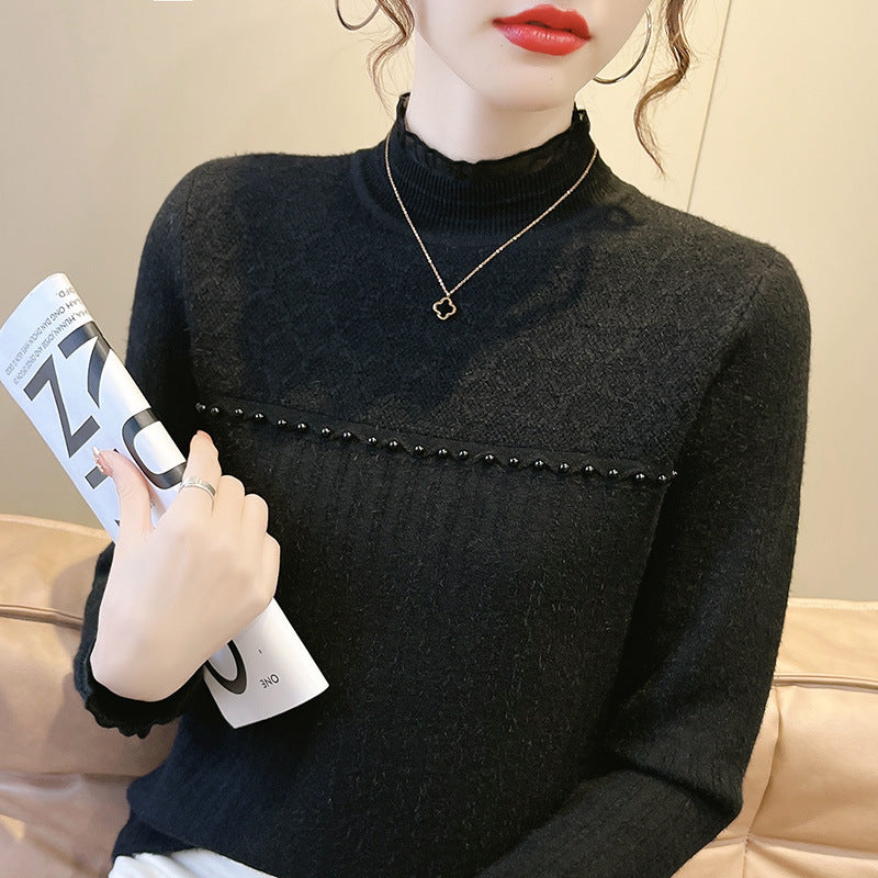 Ladies elegant knitted sweater with transparent inserts and ruffle details Lune London