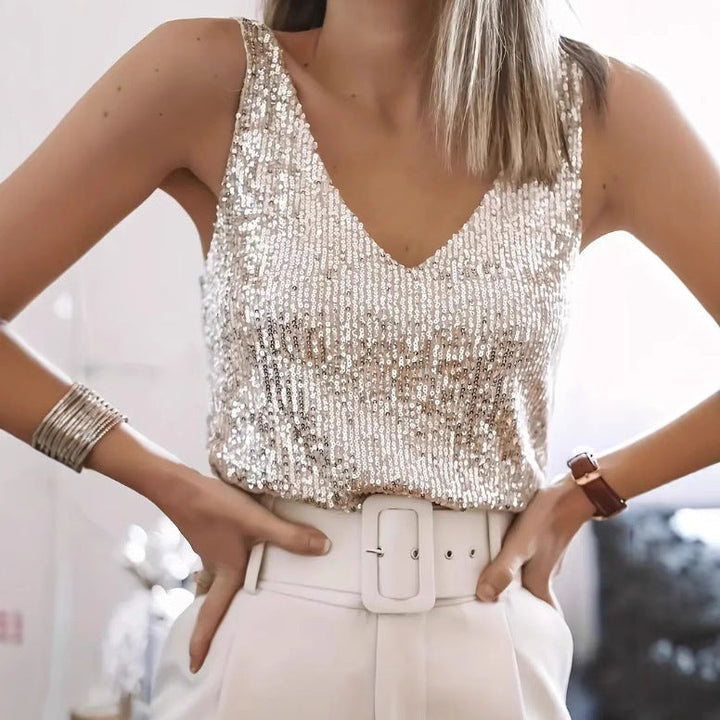 Women's Glittering Top with V-Neck and Sparkling Sequin Trim Lune London