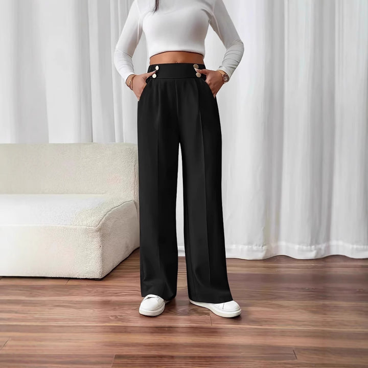 High-waisted palazzo pants for women with side pockets and decorative button details Lune London