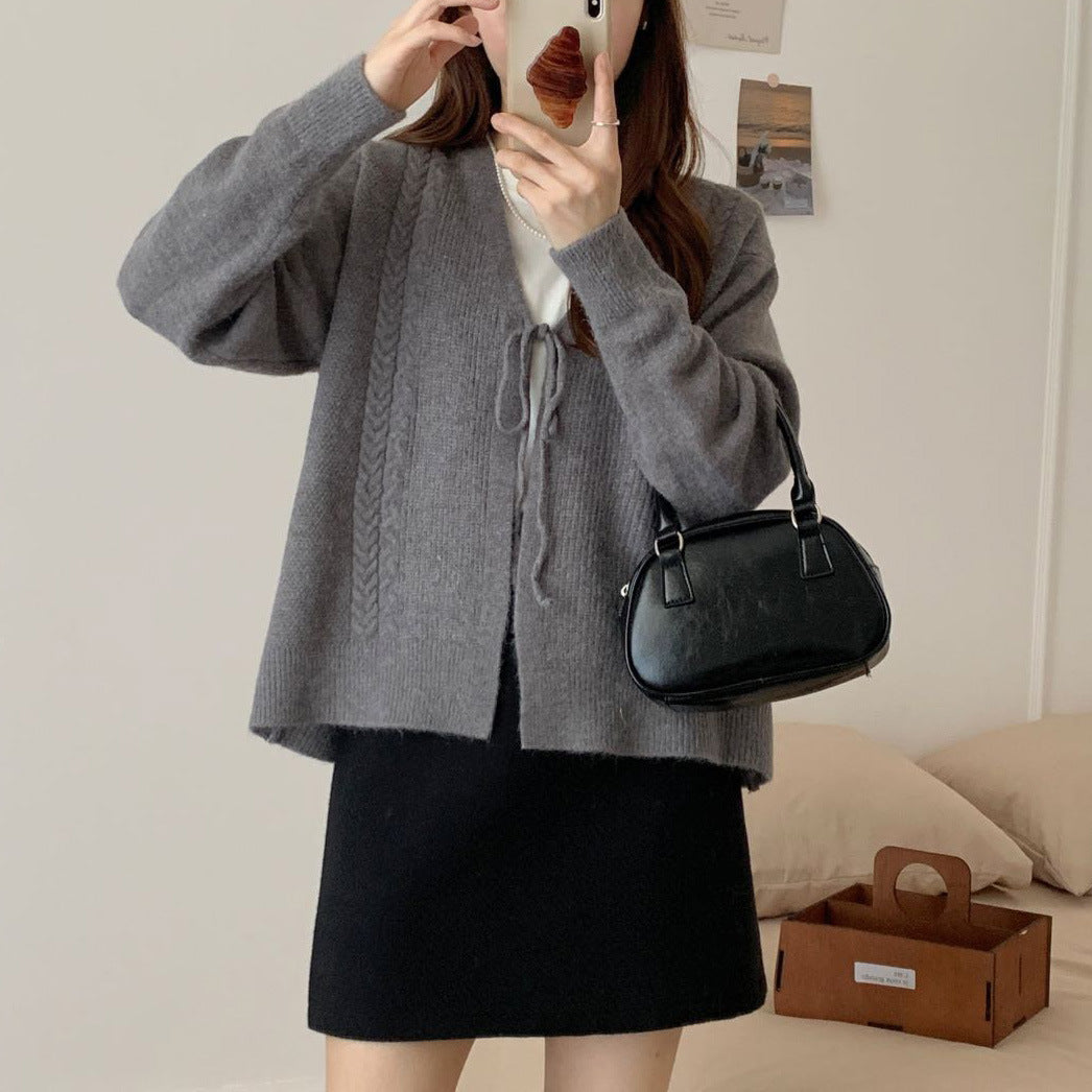 Women’s knit jacket with cable pattern and decorative drawstring Lune London
