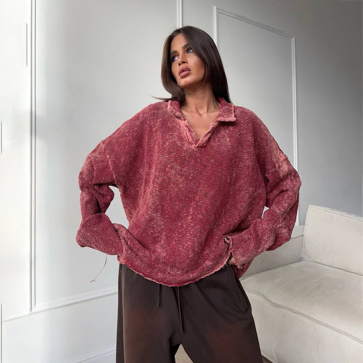 Casual oversized sweater for women with ruffled hem and V-neck Lune London