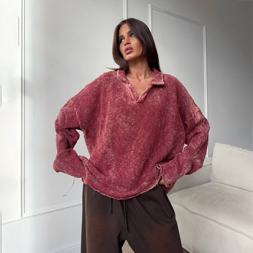 Casual oversized sweater for women with ruffled hem and V-neck Lune London