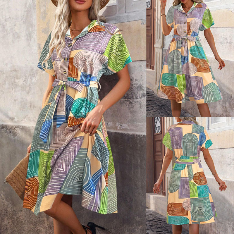 Sleeveless dress for women with geometric pattern and tie belt Lune London
