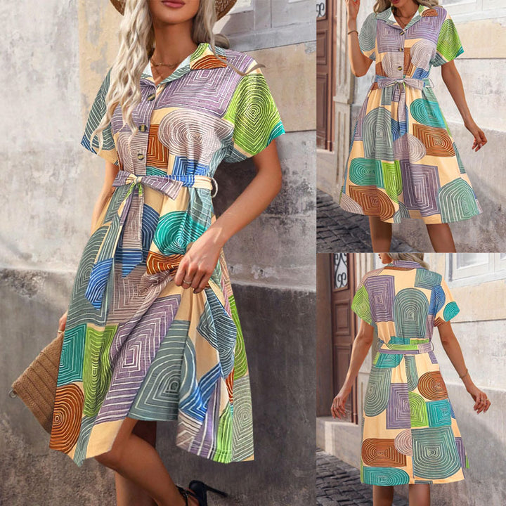 Sleeveless dress for women with geometric pattern and tie belt Lune London