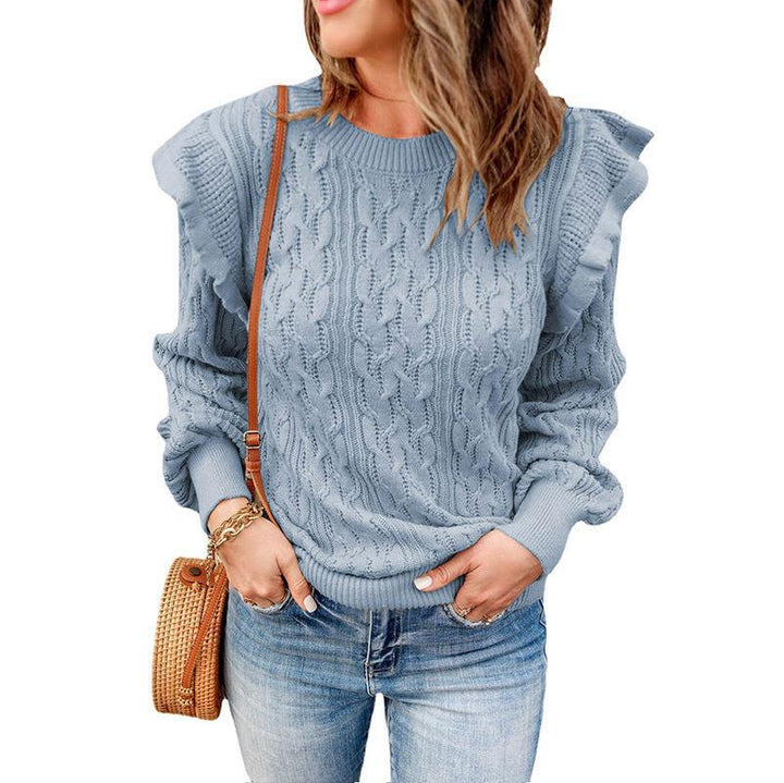 Women's loose knit sweater with ruffled columns and a trendy Lune London pattern