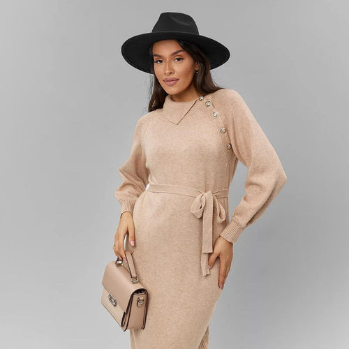 Knit dress for women with fitted belt and decorative button details Lune London