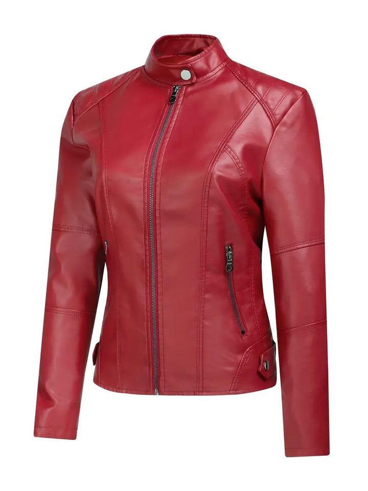 Ladies Elegant Synthetic Leather Motorcycle Jacket with High Collar and Asymmetric Zipper Lune London