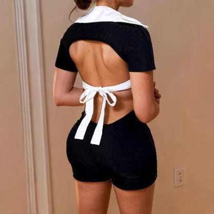 Ladies Mini Sports Jumpsuit with Deep V Neckline and Chic Contrast Collar