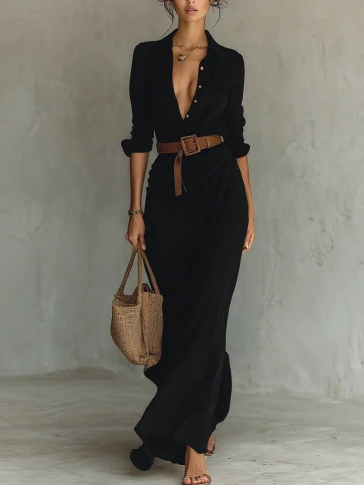 Robe maxi pour femme avec col de chemise classique et ceinture latérale Chic & Stil