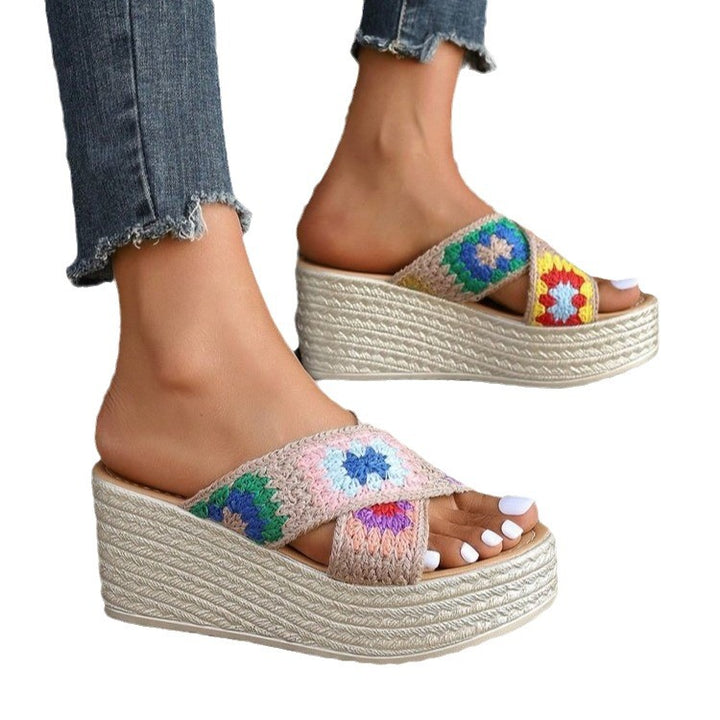 Comfortable wedge sandals for women with a colorful crochet design Lune London