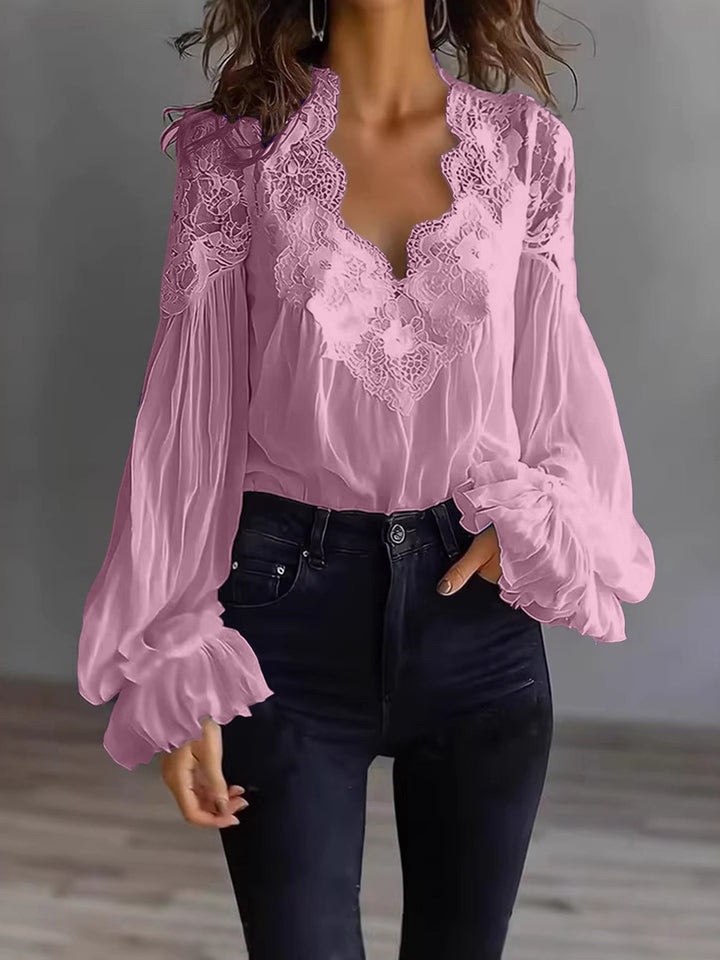 Women's Flowing Blouse with Lace Applications and Long Ruffle Sleeves Lune London