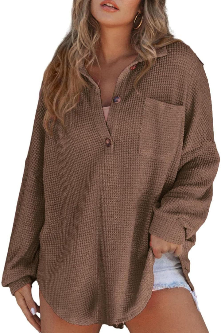 Women's casual ribbed knit top with button placket Lune London