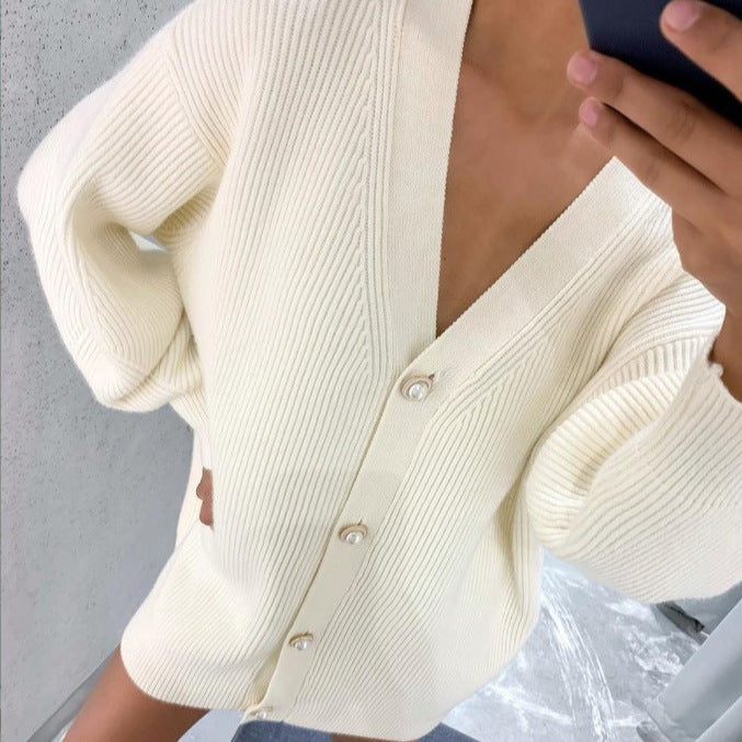 Women oversized cardigan with deep V-neck and elegant buttons Lune London