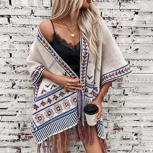 Women elegant poncho with colorful ethnic pattern Lune London
