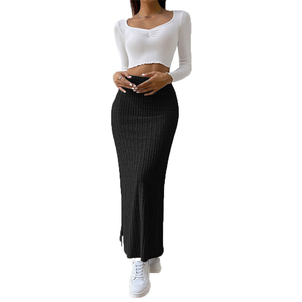 Jupe tricotée longue pour femmes avec côtes diagonales et taille haute Chic & Stil