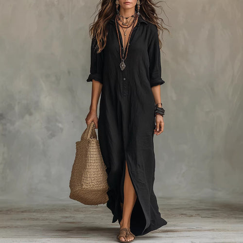 Women's Long Shirt Dress with Button Closure and Side Slit Lune London
