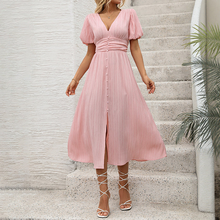 Lune London women's puff sleeve pleated maxi dress with button closure