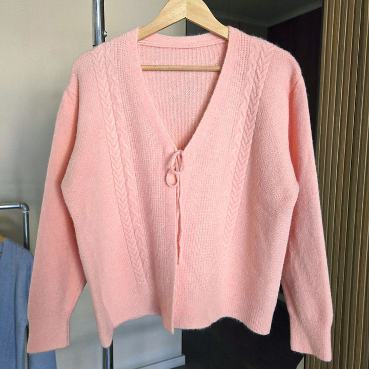 Women’s knit jacket with cable pattern and decorative drawstring Lune London