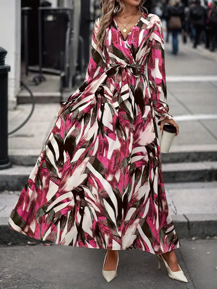 Ladies Elegant Maxi Dress with Floral Print and Chic Belt and Style